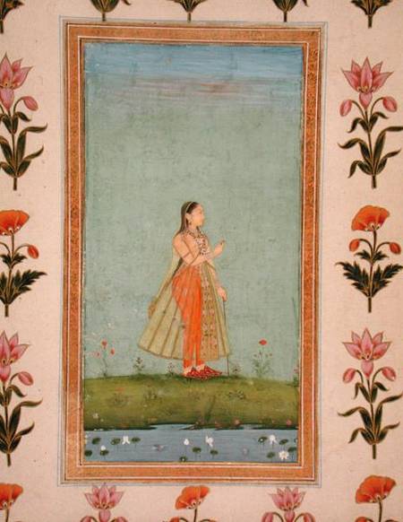 Lady holding a flower, standing by a lily pond, from the Small Clive Album de Mughal School