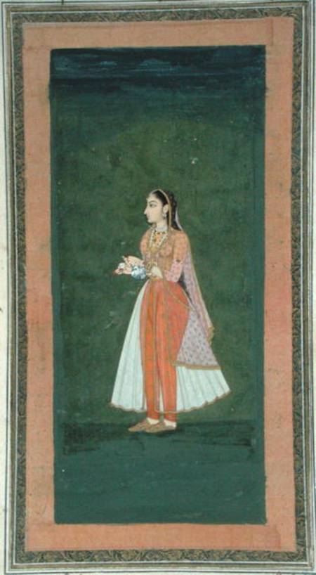 Lady holding a wine flask and cup, from the Small Clive Album de Mughal School