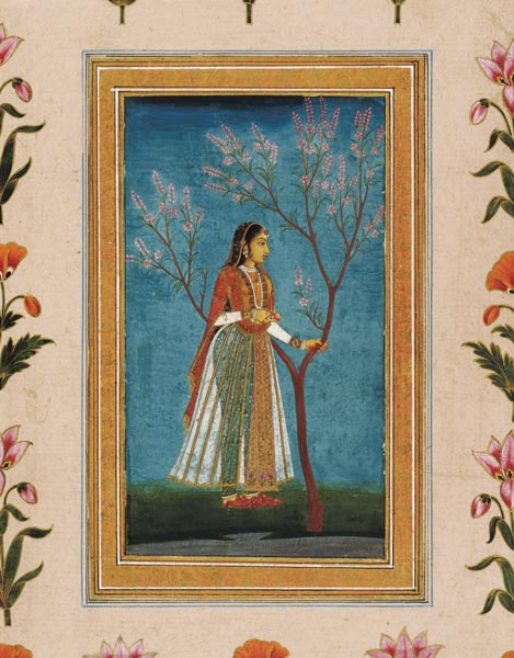 Lady standing by a tree in blossom, from the Small Clive Album de Mughal School