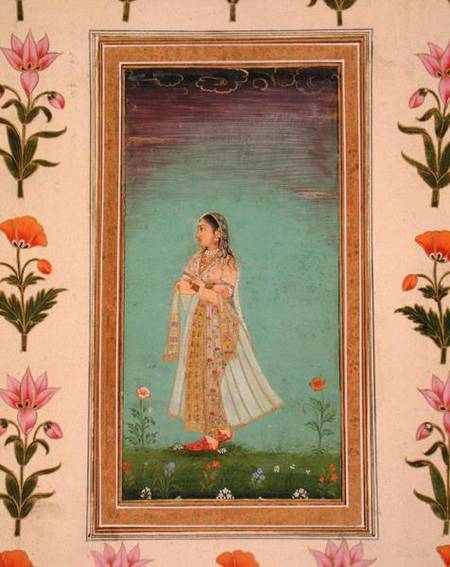 Lady walking through flowers, from the Small Clive Album de Mughal School