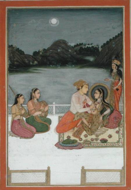 Lovers on a terrace by a moonlit lake, from the Small Clive Album de Mughal School