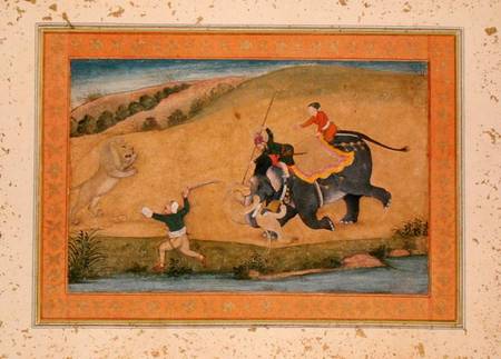 Three men lion hunting, from the Large Clive Album de Mughal School