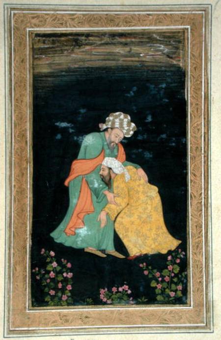 A Mullah bowing down to a man in Iranian dress who lifts him up from his supplication, from the Smal de Mughal School