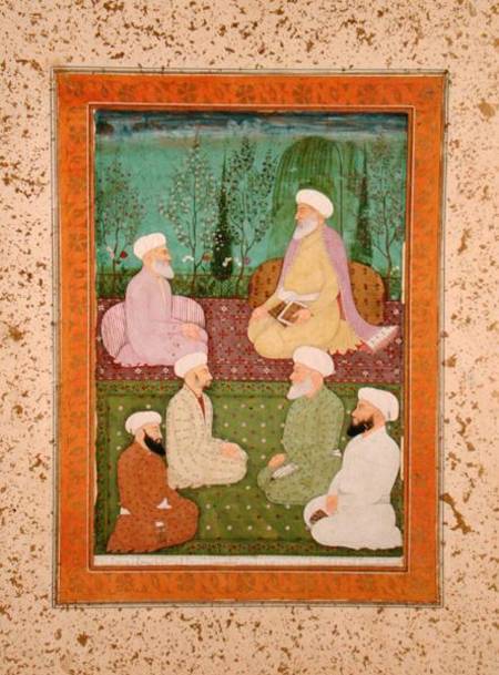 Six Muslim holy men seated on a garden terrace, from the Large Clive Album de Mughal School