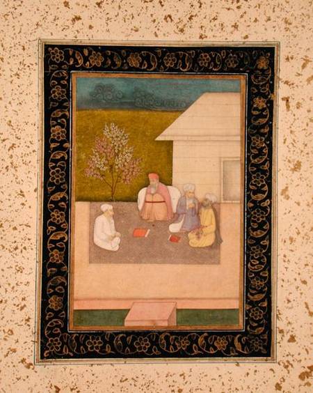 Four Muslim holy men seated in meditation outside a hut, from the Large Clive Album de Mughal School