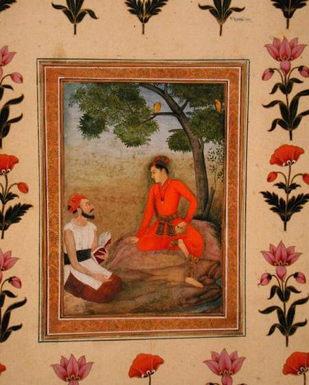 A prince in discussion with a religious man holding a book, from the Small Clive Album de Mughal School