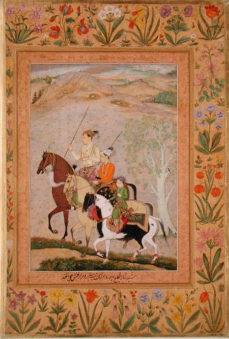 Three Princes Going Hunting de Mughal School