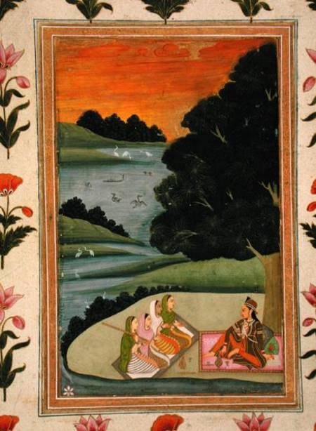 A Princess listening to female musicians by a river at sunset, from the Small Clive Album de Mughal School