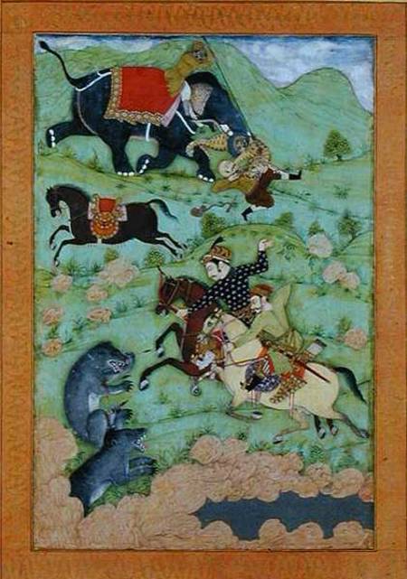Rajput princes hunting bears; a mahout and his elephant rescue a fallen horseman from a tiger, from de Mughal School