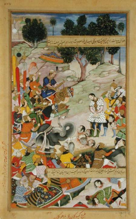 The rebel Bahadur Khan (d.1601) as a prisoner in the presence of Akbar (r.1556-1605) in 1567, from t de Mughal School