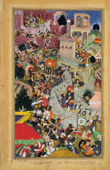 Emperor Akbar (r.1556-1605) shoots Saimal at the Siege of Chitov in 1567, from the 'Akbarnama' made