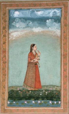 Lady holding a bowl of rose flowers, from the Small Clive Album