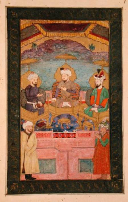 Timur (1336-1405), Babur (1483-1530, r.1526-30) and Humayan (1508-56, r.1530-56) enthroned together, de Mughal School