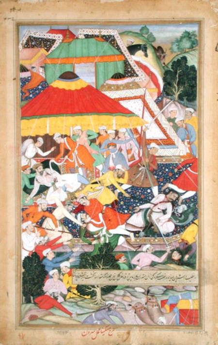 The Wounding of Kilan Khan by a Rajiput during his march to Gujerat in 1573, from the 'Akbarnama' ma de Mughal School