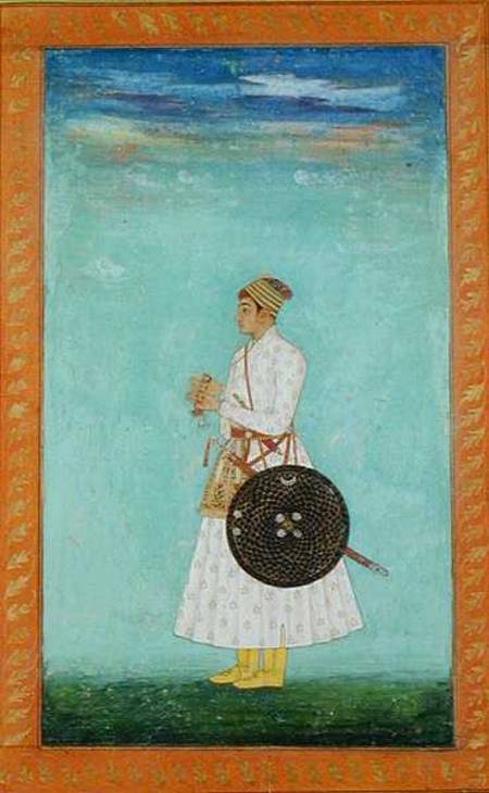 A young nobleman of the Mughal court holding a sealed brocade envelope,  from the Large Clive Album de Mughal School