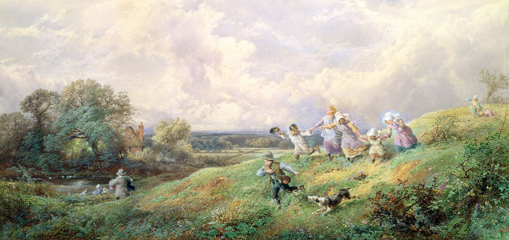 Children Running Down a Hill de Myles Birket Foster