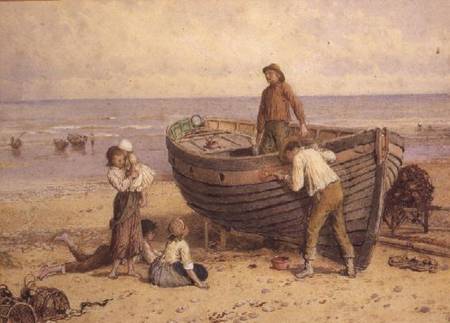 Boat, figures and sea de Myles Birket Foster