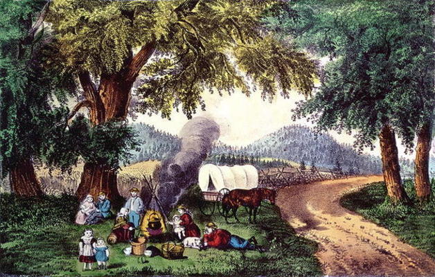 A Halt by the Wayside (print) 9:picnic; cauldron; sisters; pipe; covered wagon; settlers; American; de N. Currier