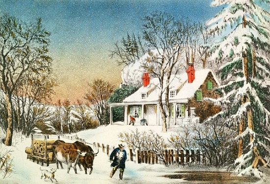 Bringing Home the Logs, Winter Landscape, 19th century de N. Currier