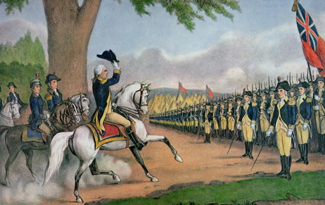George Washington (1732-99) taking command of the American Army at Cambridge, Massachusetts, 3 July de N. Currier
