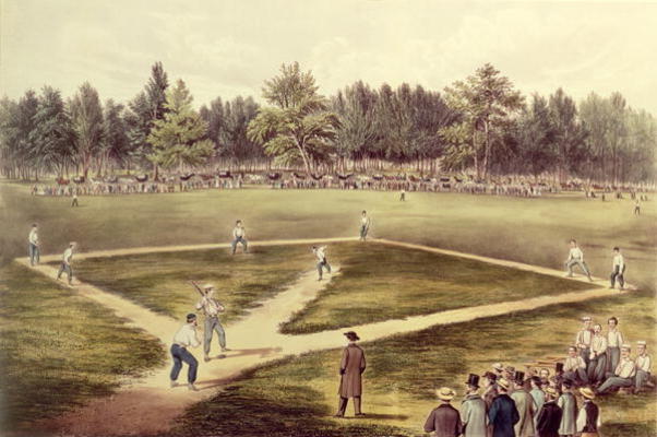 The American National Game of Baseball - Grand Match at Elysian Fields, Hoboken, NJ, 1866 (colour li de N. Currier
