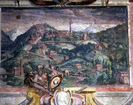 Bedroom, detail of frieze depicting towns under Medici rule, Fiesole de Nanni  di B. Bigio  & Bartolomeo Ammannati