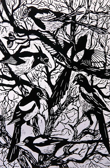Magpies, 1997 (woodcut)  de Nat  Morley