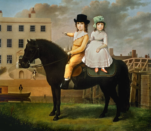 Two Children Seated On A Black Pony de Nathan Theodore Fielding