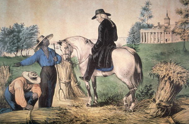 George Washington (1732-99) on his Mount Vernon estate with his black field workers in 1757, publish de Nathaniel Currier