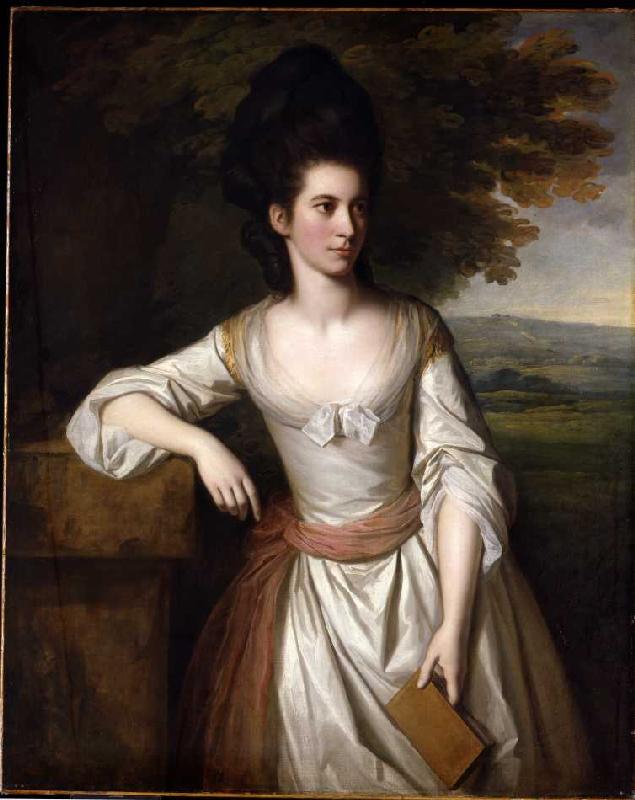 Mrs. Vere in einem weißen Kleid mit pinker Schleife, ein Buch in ihrer Linken haltend, eine Landscha de Nathaniel Dance