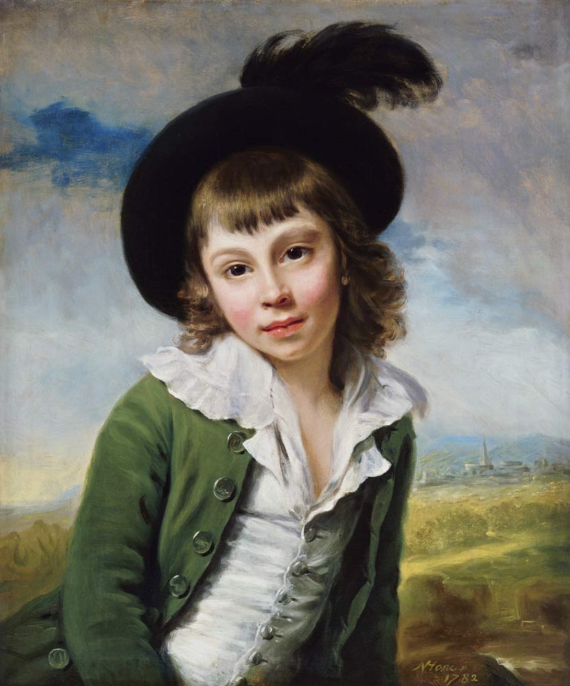 Bildnis eines Knaben in einer grünen Jacke und einem Federhut de Nathaniel Hone