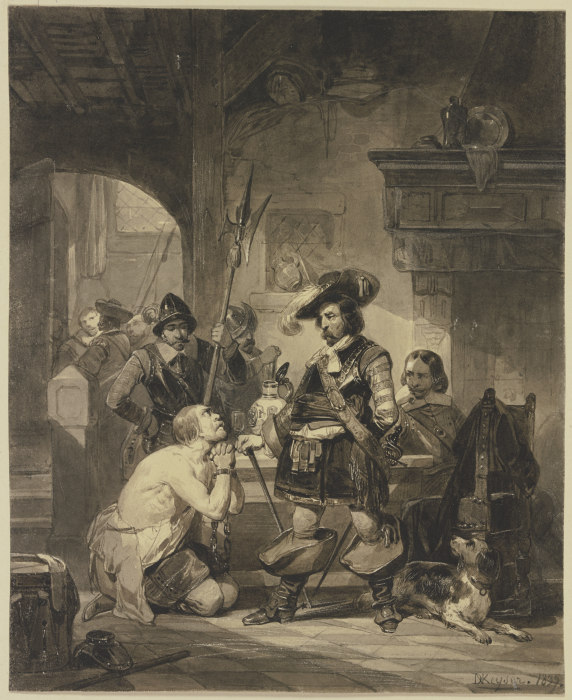 Eine Wachstube, auf den Knien ein Ketten Geschlagener einen Befehlshaber anflehend de Nicaise de Keyser