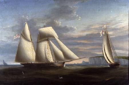 A topsail schooner and a schooner of the Royal Yacht Squadron off the coast of Dorset (panel) de Nicholas Condy