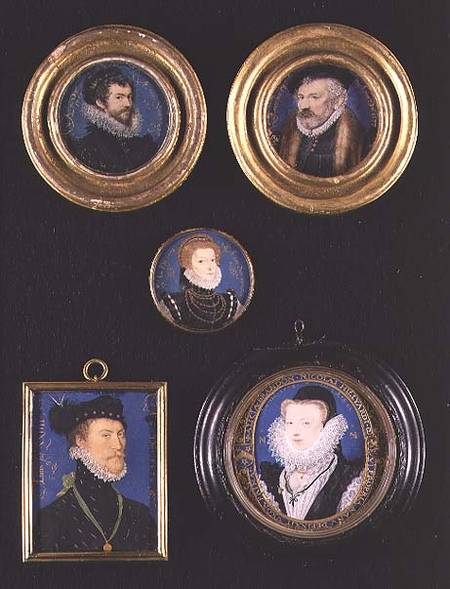 Miniatures of Hilliard's Father and Mother, self portrait and unknown portraits of man and woman de Nicholas Hilliard