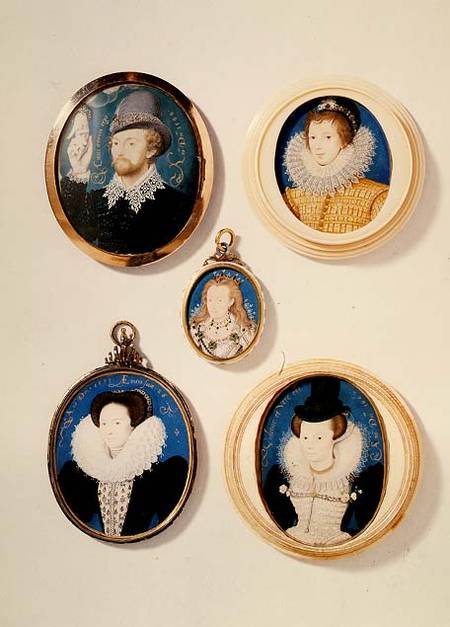 Miniatures, from L to R, T to B: Man with a Hand from a cloud; Unknown Young Man, 1588; Mrs Holland de Nicholas Hilliard