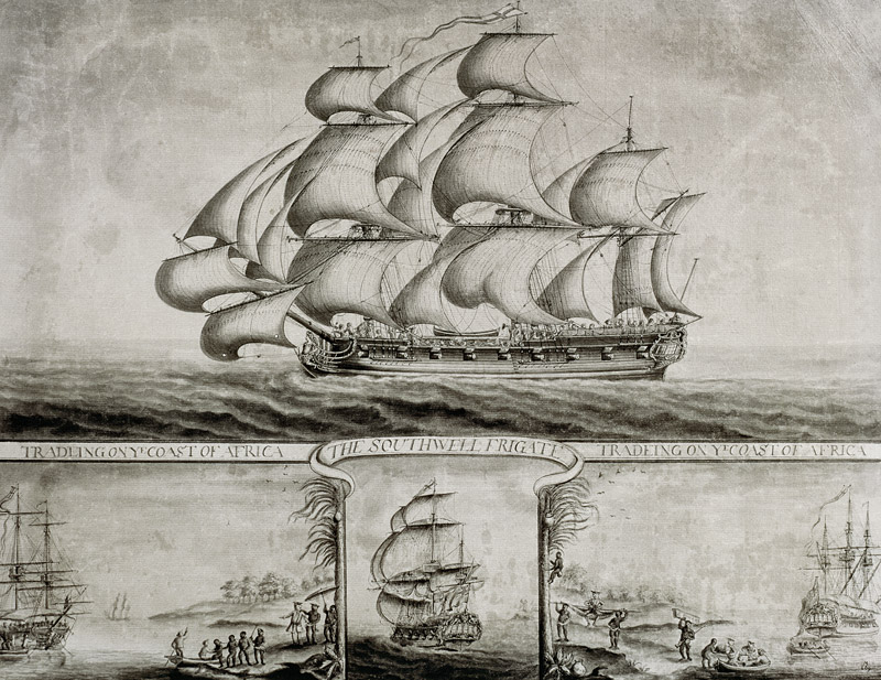 View of the Southwell Frigate Trading on the Coast of Africa, c.1760 (pen & ink and wash) de Nicholas Pocock