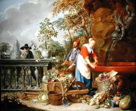 A Maid Washing Carrots at a Fountain with Two Gardeners at Work de Nicolaas or Nicolaes Muys