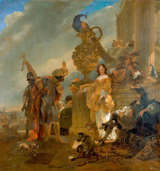 A trader receiving a moor at a palace on the harbour de Nicolaes Berchem