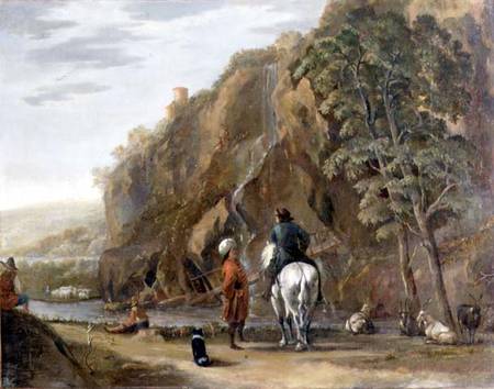 Italianate landscape with figures and a horse on a road de Nicolaes Berchem
