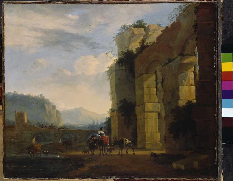 Italian landscape with aqueduct ruin de Nicolaes Berchem