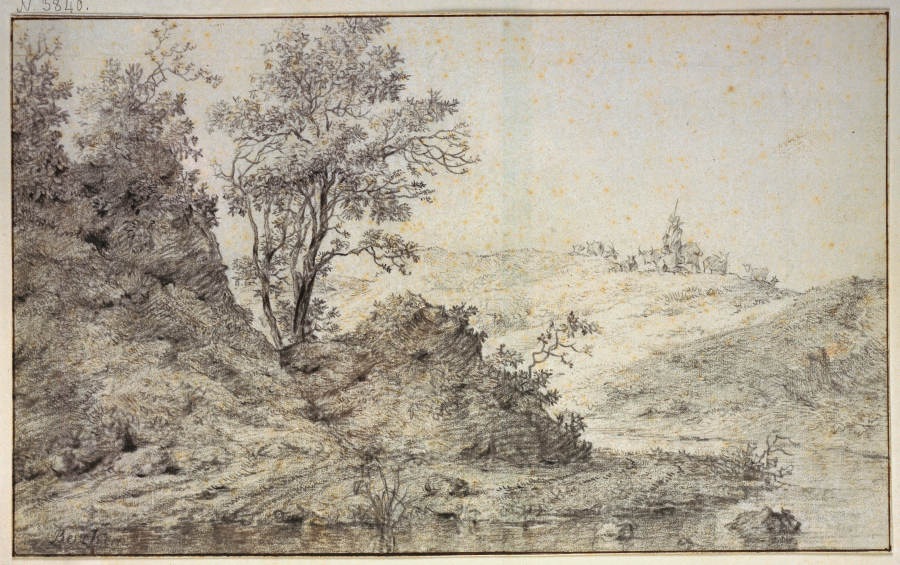 Landschaft mit Wasser, auf dem Hügel Hirte und Hirtin mit Vieh de Nicolaes Berchem