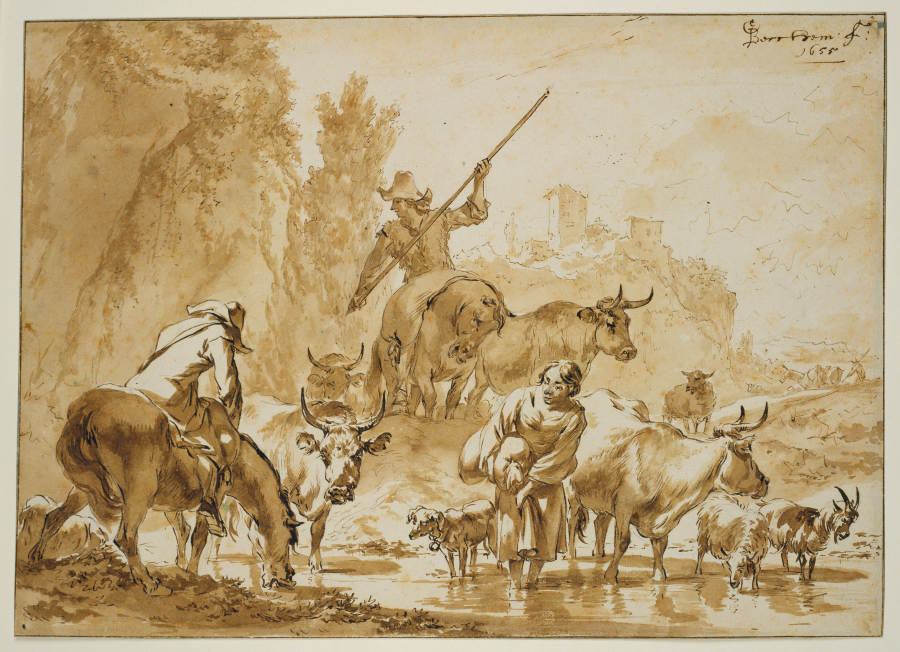 Zwei Hirten zu Pferde treiben Vieh durchs Wasser, die Hirtin mit einem Sack wartet hindurch de Nicolaes Berchem