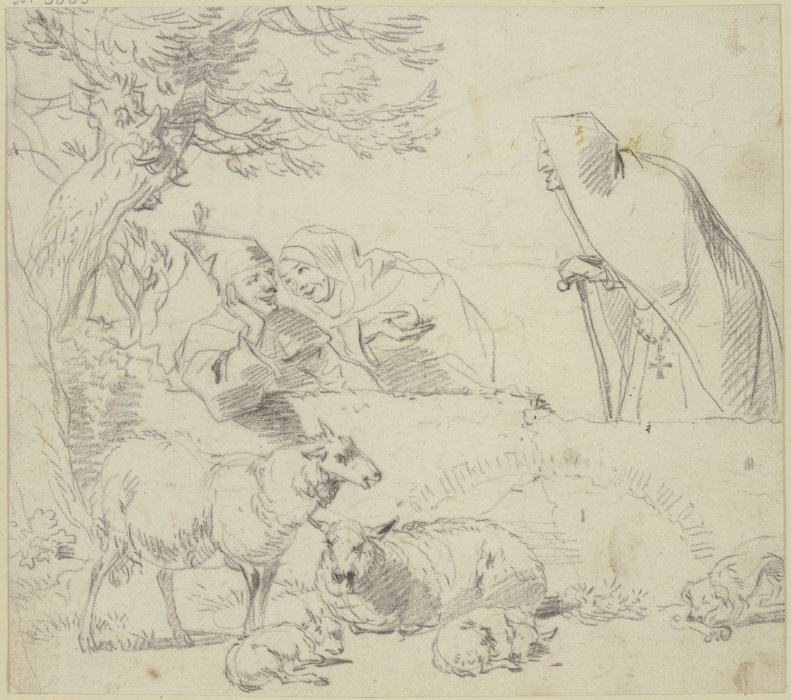 Zwei Nonnen bei einem Hirten, dabei zwei alte und zwei junge Schafe und ein Hund de Nicolaes Berchem