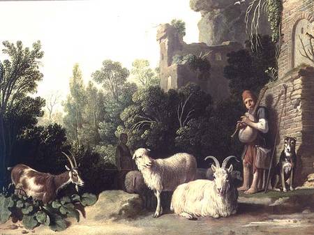 Goatherd playing the bagpipes (panel) de Nicolaes  Cornelisz Moeyaert
