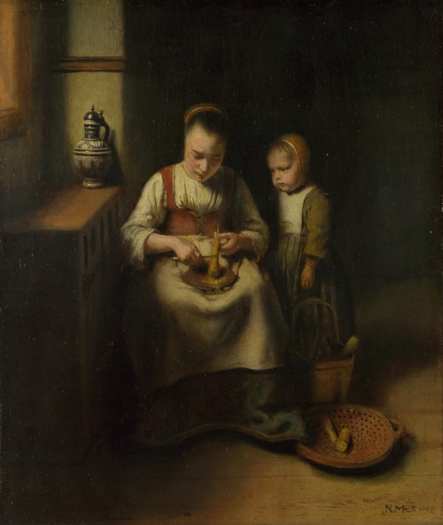 A Woman scraping Parsnips, with a Child standing by her de Nicolaes Maes