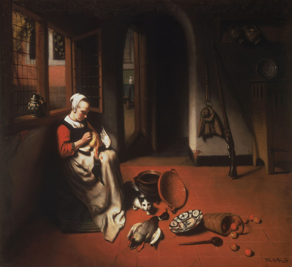 Frau, die eine Ente rupft. de Nicolaes Maes