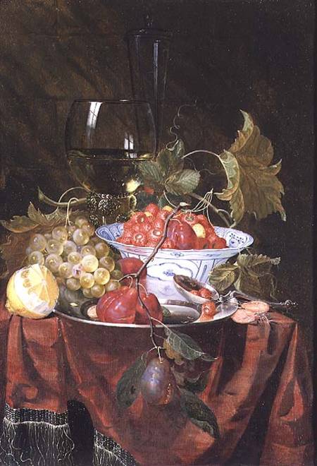 Still life with wild strawberries, plums, grapes and a lemon on a draped ledge de Nicolaes Van Gelder