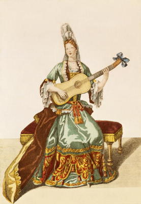 Lady of Quality Playing the Guitar, fashion plate, c.1695 (engraving) de Nicolas Bonnart