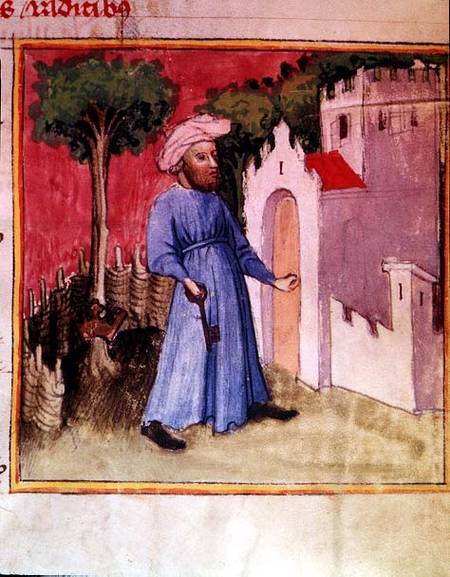 Allegorical illustration showing an Arab unlocking the gate of Knowledge, reputedly written and illu de Nicolas Flamel