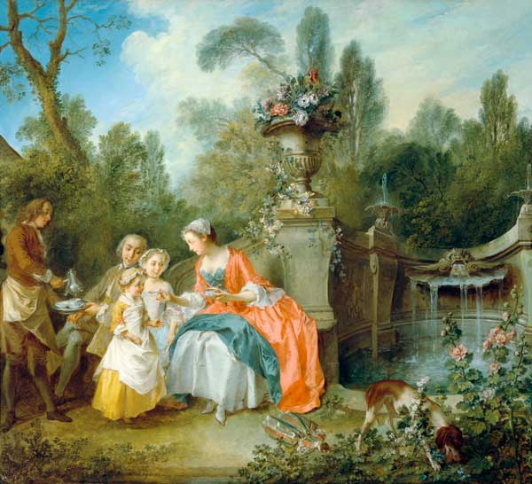 A lady in the garden who drinks coffee with some children de Nicolas Lancret